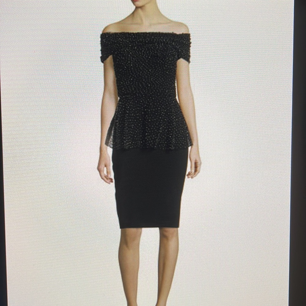 Badgley Mischka Off Shoulder Pearl Emb. Dress